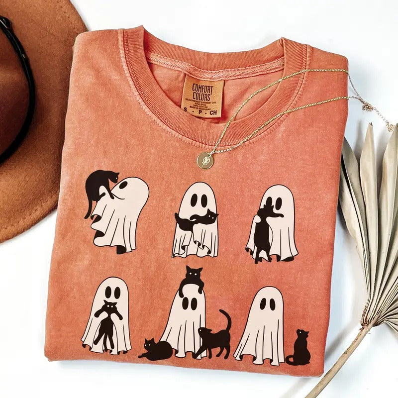 Comfort Colors Ghost Cat Shirt, Cute Cat Lovers Shirt, Retro Ghost Halloween, Halloween Cat Shirt, Spooky Season Gift