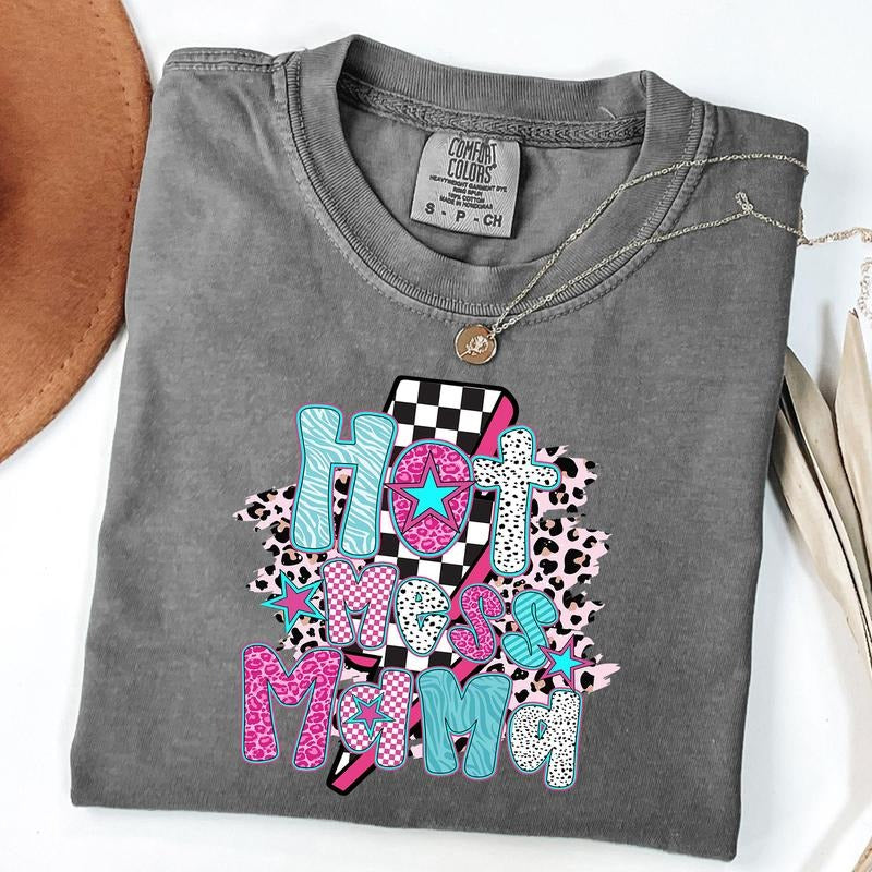 Comfort Colors Hot Mess Mama Tee, Checkered Mama T-Shirt, Trendy Mama Shirt