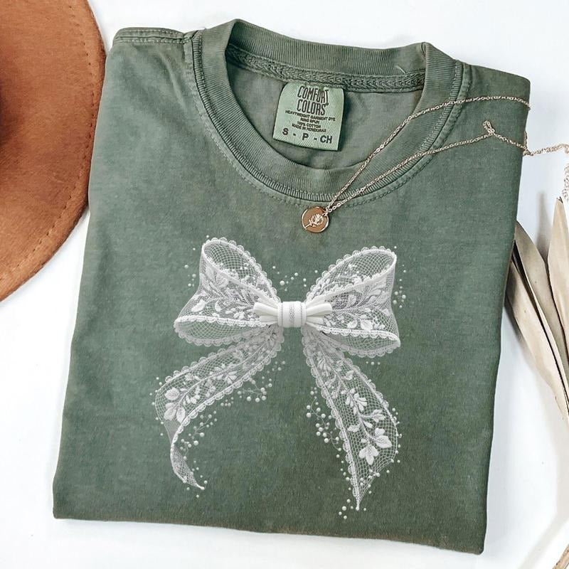 Comfort Colors Lace Bow Shirt, Lace Coquette Bow Tee, Floral Bow T-Shirt, Unisex T-Shirt