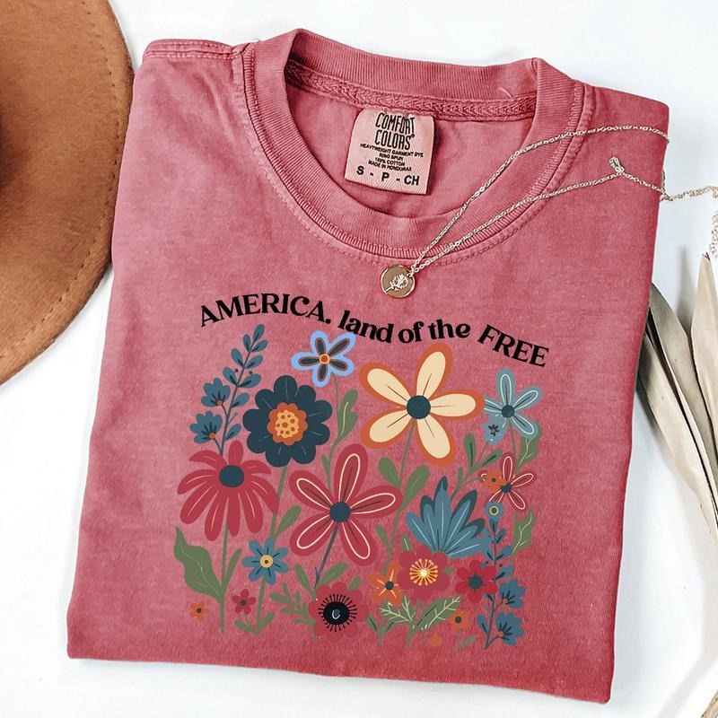 Comfort Colors Land of The Free Shirt, Floral America Shirt, 4th of July Shirt, Patriotic, Memorial Day T-Shirt, Unisex T-Shirt
