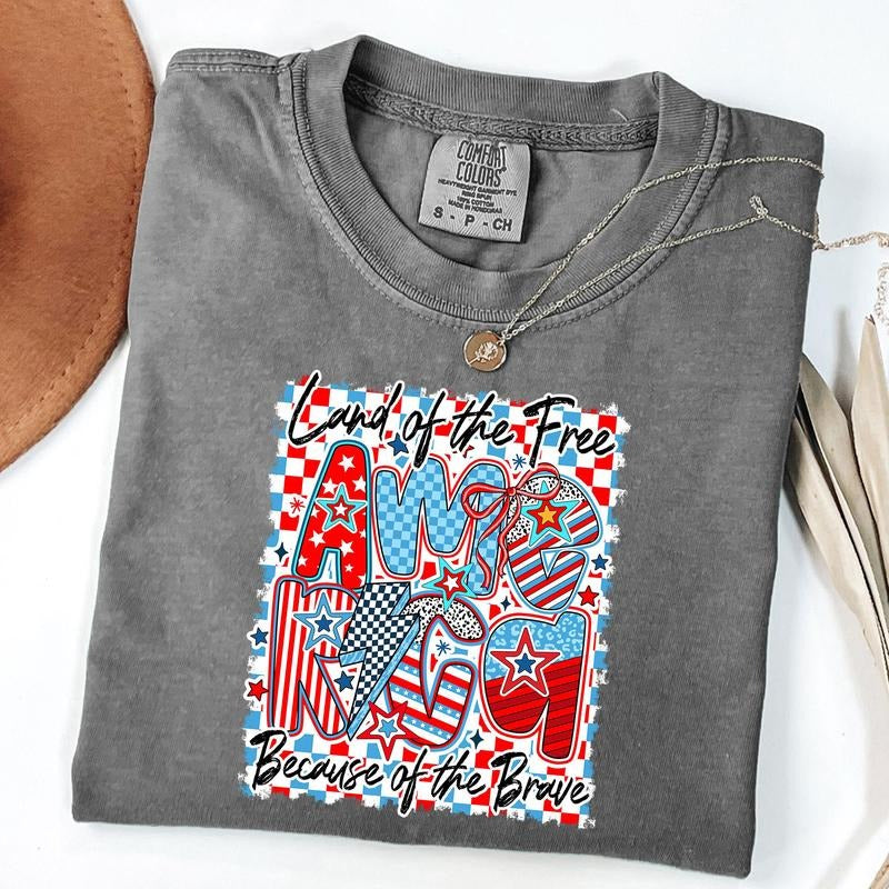 Comfort Colors Retro Checkered America Shirt, 4th of July T-Shirt, Coquette USA T-Shirt, Patriotic Shirt, Unisex T-Shirt