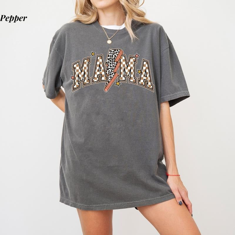 Comfort Colors Retro Mama T-Shirt, Checkered Lightning Bolt Mom Shirt, Mother's Day Gift, Ultra Soft Cotton Tee, Everyday Casual Wear