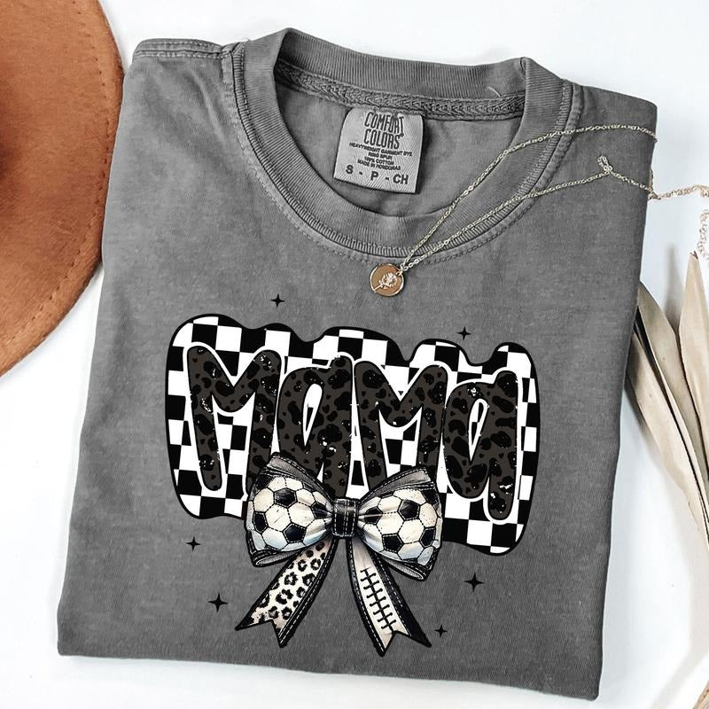 Comfort Colors Retro Soccer Mama Shirt, Soccer Coquette Shirt, Game Day Soccer Bow T-shirt, Checkered Mama Tee, Unisex T-Shirt