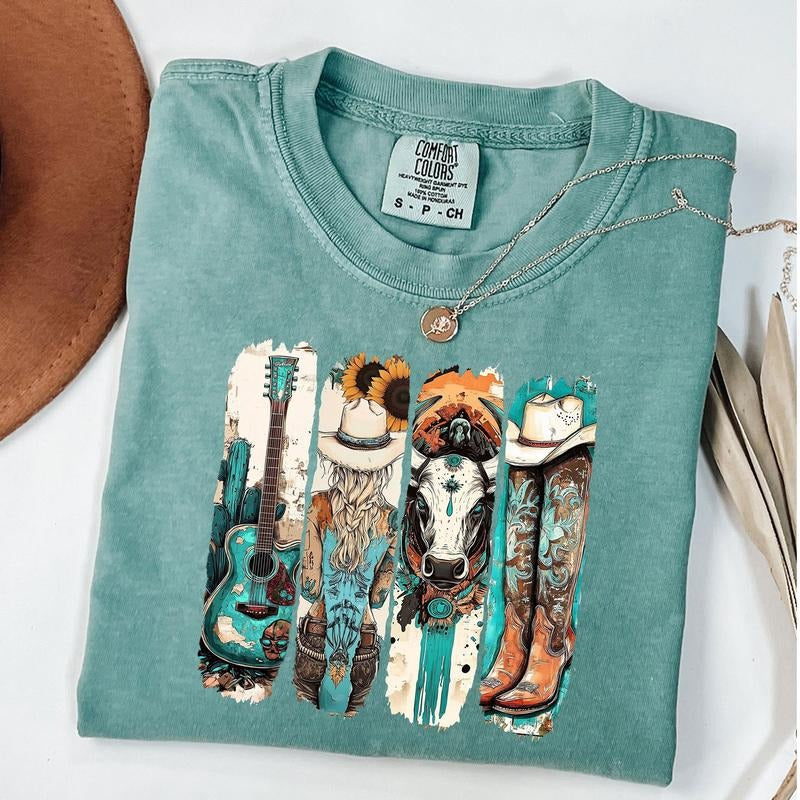 Comfort Colors Western Cowgirl Shirt, Cowboy Boots Shirt, Western Turquoise Shirt, Western Sunflower Tee, Unisex T-Shirt