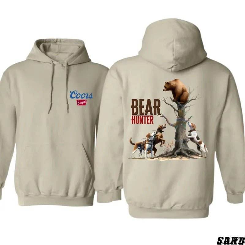 Coors Banquet Bear Hunter Hoodie - Unique Outdoor Design Featuring Bear and Hunting Dogs Graphics, camo country hoodies, for Bear Hunting Enthusiasts and Coors Banquet Fans, Unisex Hoodie for Comfortable and Rugged Outdoor Style Menswear Sweaters