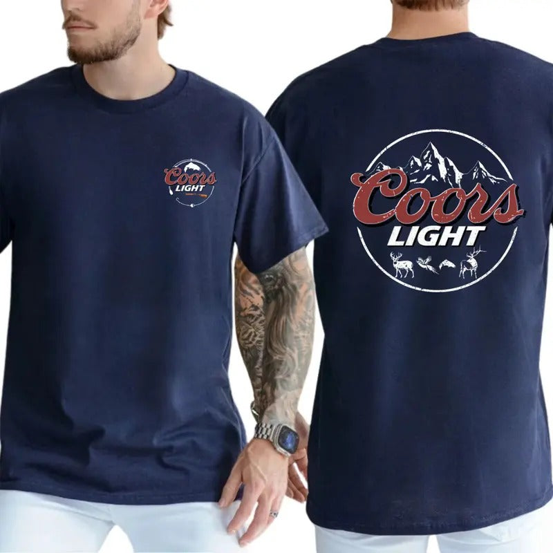 Coors Light T-Shirt - Bold "Coors Light" Logo with Rustic Mountain Scenery and Animal Motif, Perfect for Outdoor Enthusiasts, Unisex T-Shirts, Menswear Tops