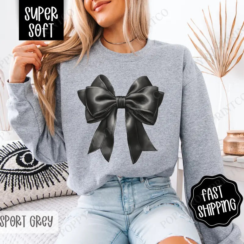Coquette Black Bow Sweatshirt, Cute Bow Crewneck, Trendy Coquette Women's Sweater, Gift for Her
