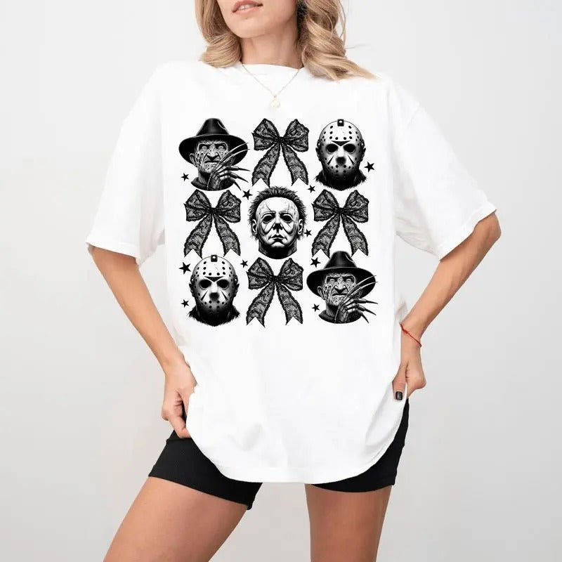 Coquette Bow Halloween Shirt , Horror Movies Shirt, Spooky Season Shirt, Gothic Shirt Cotton, Halloween Shirt, For Men, For Women, Casual, Classic Fashion Cotton Underwear Top Womenswear Embroidered Flat