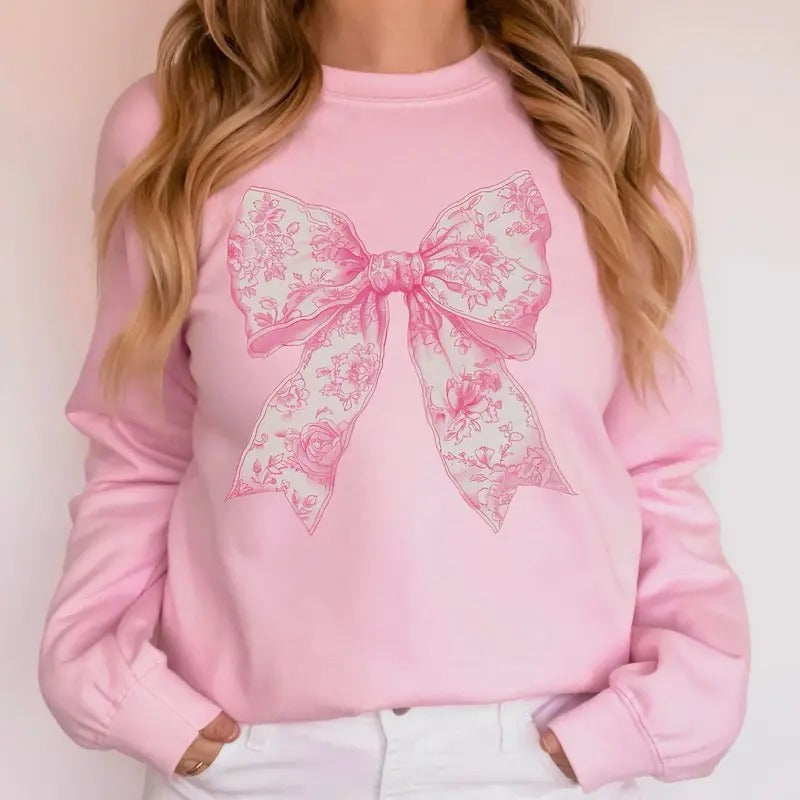 Coquette Bow Sweatshirt, Love Toile de Jouy Pink Bow Sweatshirt, Fancy Chinoiserie Print Shirt, Coquette Aesthetic Bow Sweatshirt, Girly Friends Gift Shirt