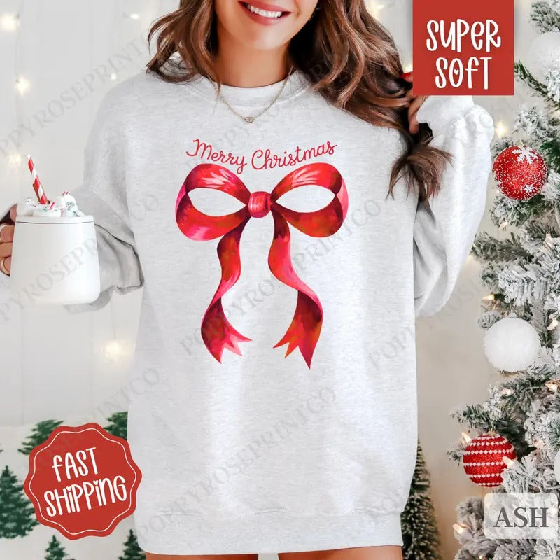 Coquette Christmas Sweatshirt, Preppy Merry Christmas Crewneck, Womens Holiday Sweater