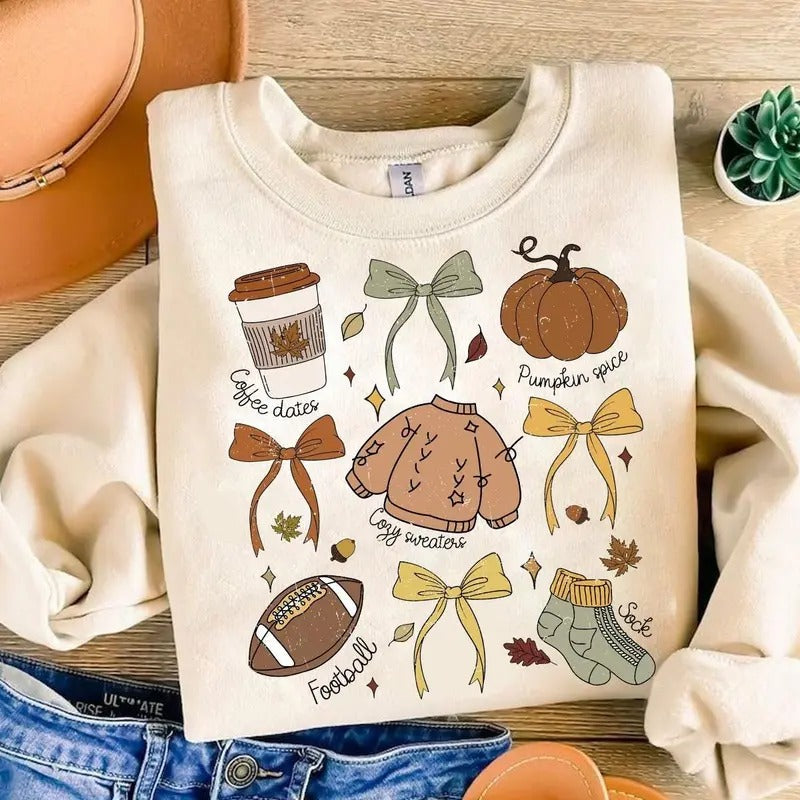 Coquette Fall Bow Sweatshirt, Sweater Weather Sweater, Autumn Girly Shirt, Cozy Season Sweatshirt, First Day Of Fall, Book Lovers, Pumpkin Spice, Football, Pumpkin Season Shirt, Fall Graphic Shirt, Autumn Fall Thanksgiving Gift Shirt