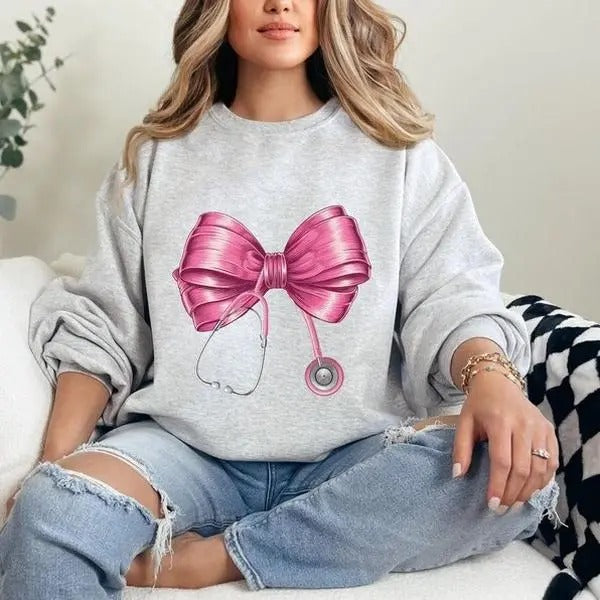 Coquette Nurse Stethoscope Bow Sweatshirt, Healthcare Worker, Nurse Appreciation, Nursing School, Future Nurse, Unisex Shirt, Gift For Her, Gift For Him