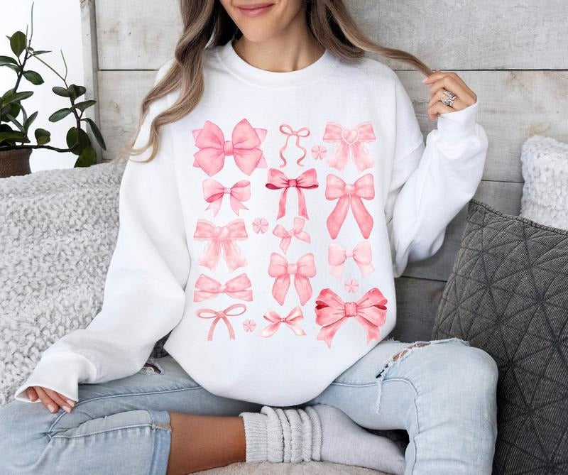 Coquette Pink Bow Sweatshirt for Women, Cute Coquette Top, Trendy Crewneck, Valentine Gift for Her, Girls Valentine Shirt, Coquette Clothing, Pink Bows Sweatshirt