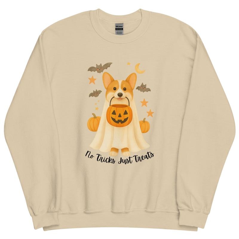 Corgi No Tricks Just Treats Crewneck - Unisex Apparel Relaxed Fit Printed In The USA Clothing Womenswear Casual Comfort Cotton Top Athletic Boho Chic