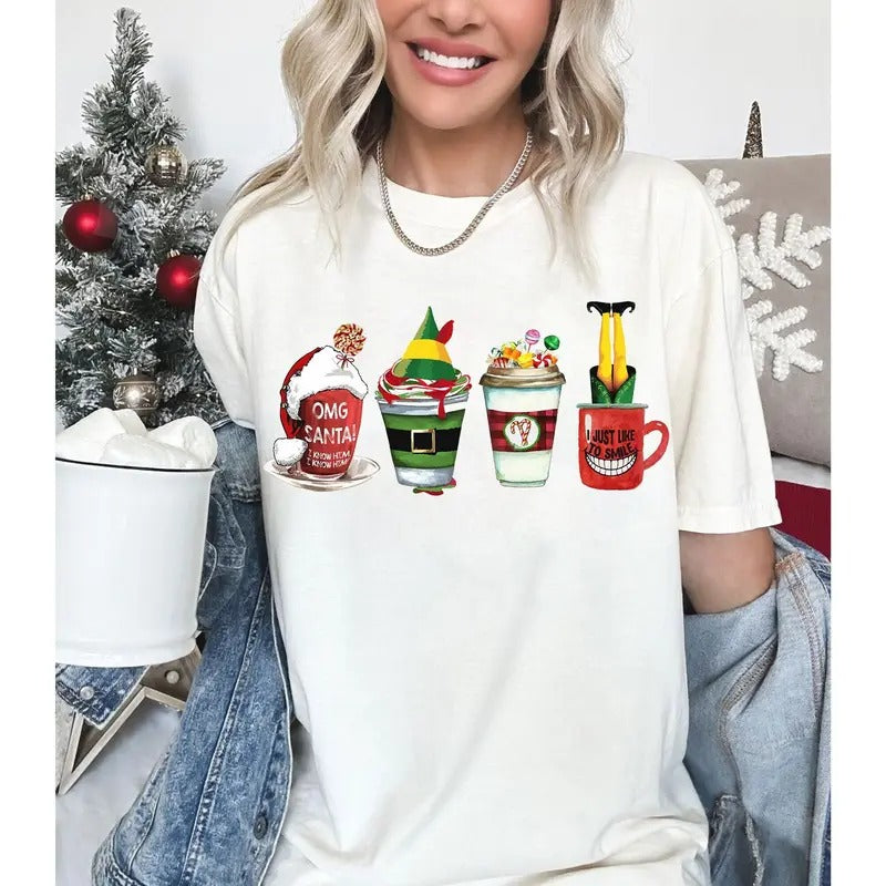 Cute Buddy the Elf Santa Light Coffee Tea T-shirt, Christmas Vintage Movie 90s Latte Drink Cup Epcot Xmas Tee, Xmas Vacation Gift Christmas Gift Idea 2024, Gift For Him, Gift For Her