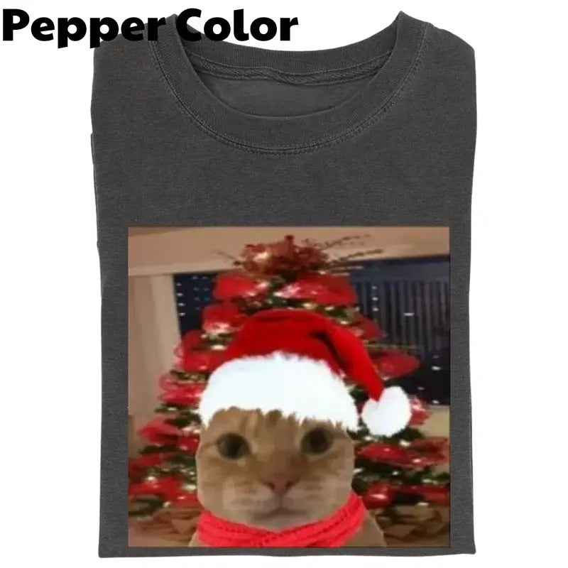 Cute Christmas Cat meme T-shirt, Vintage Funny Cat Expression Graphic Tee, Cat Lovers, Cute Kitty Meme Unisex Retro Top,Fun Pet Humor Gifts Menswear Underwearstyle{n002}2