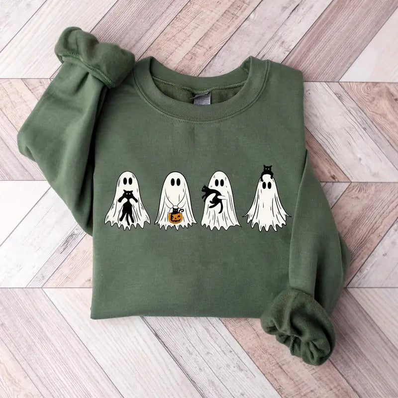 Cute Ghost Black Cats Halloween Sweatshirt, Ghost Cat Halloween Shirt, Ghost Shirt, Pumpkin Fall, Black Cat Pumpkin Halloween Shirt, Vintage Halloween Shirt, Spooky Seasonn, Cat Lover Halloween Gift, Fall Halloween Gift Shirt