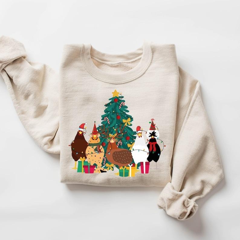Сute Christmas Chickens Sweatshirt, Christmas Farm Sweatshirt, Chickens Lover Sweater, Funny Holiday Sweater, Cute Christmas Chickens Gift, Hoodie and Sweater; T-shirt Cotton Menswear