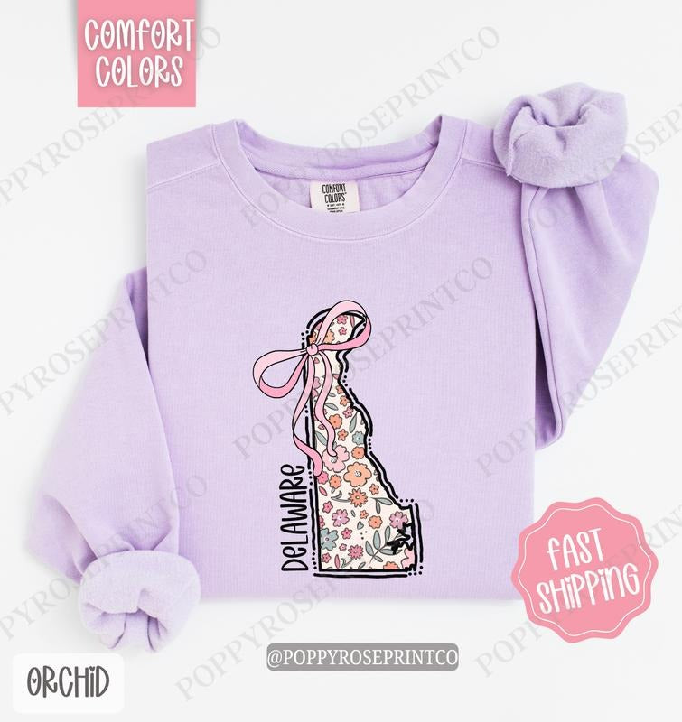 Delaware Floral Comfort Colors Sweatshirt, Delaware Sweatshirt, Cute Bow Delaware Sweatshirt
