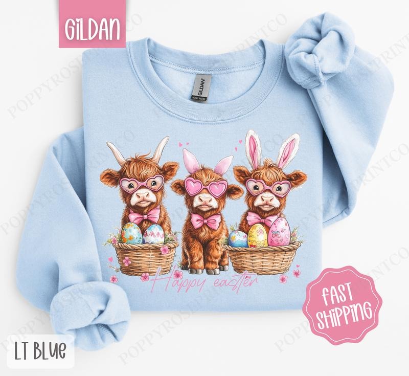 Easter Highland Cow Sweatshirt, Cute Easter Crewneck, Trendy Cow Women's Sweater, Gift for Her