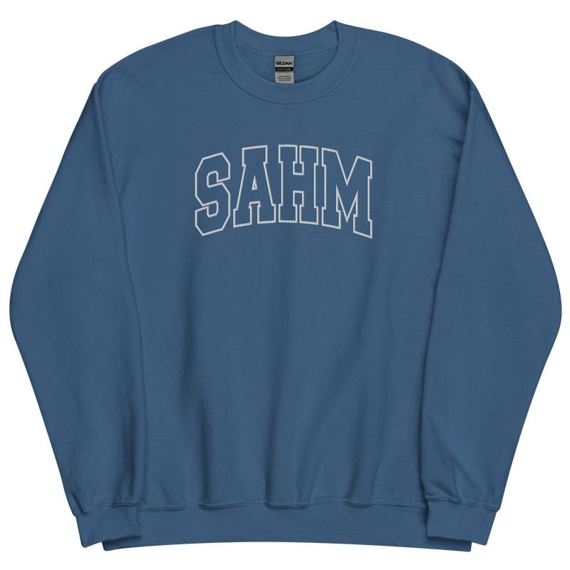 Embroidered White Thread SAHM Varsity Sweatshirt - Sweatshirt Unisex Apparel Relaxed Fit Printed in the USA Clothing Womenswear Casual and Comfortable