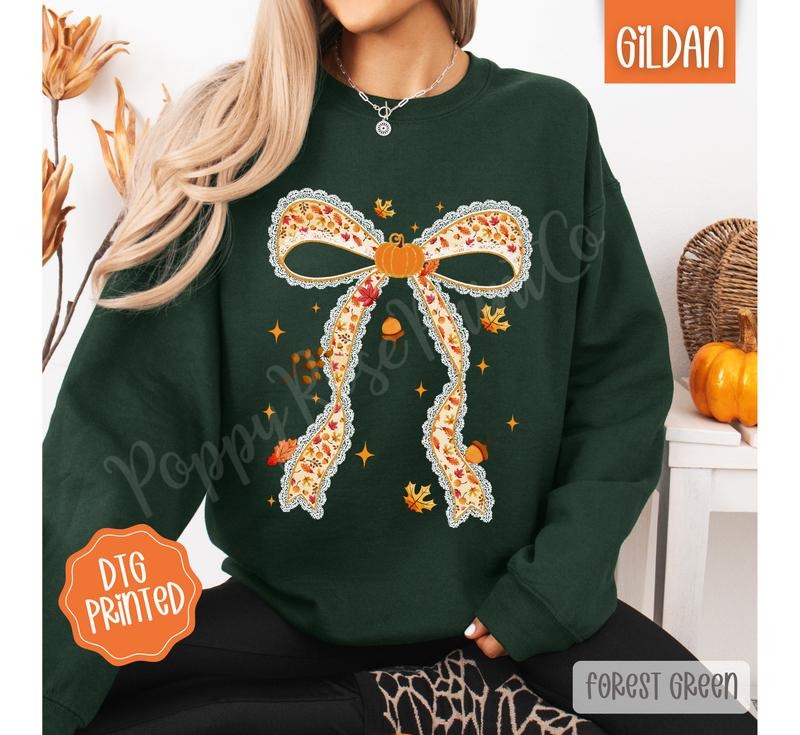 Fall Pumpkin Bow Sweatshirt, Trendy Coquette Autumn Crewneck