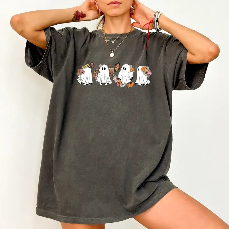 Floral Ghosts Retro Comfort Colors Shirt, Cute Ghosts With Flowers Graphic Tee, Spooky Season Unhinged Shirt, Funny Women T-shirt, Halloween Outfit Idea, Cute Halloween Vibes, Comfy Fabric Graphic Tee, Womenswear, Cotton Fabric Relaxed Fit Chic Style