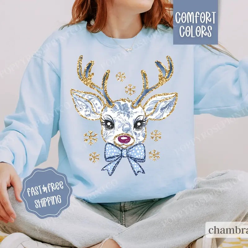 Floral Reindeer Christmas Sweatshirt Comfort Colors, Blue Floral Christmas Crewneck, Womens Holiday Sweater