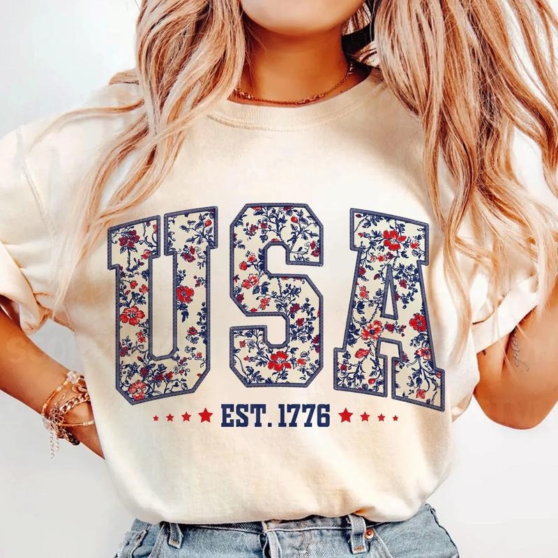 Floral USA Shirt Retro America Shirt, 4th Of July Shirt, America Coquette T-Shirt, Girly, Gift For Her, Gift For Friend