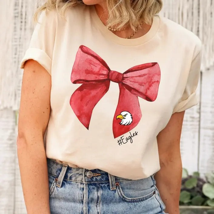 Football Shirt, High School City Football Team Shirt, Mascot Bow Shirt, Coquette Bows School Spirit T-shirt, Cheer Mascot, Booster Coquette, Womens Football Tee, Womenswear Top Streetwear Crewneck Round Neck Shortsleeve Tshirt