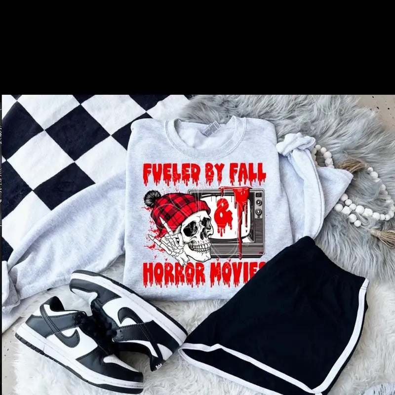 Fueled By Fall & Horror Movies Sweatshirt - Ash Grey
