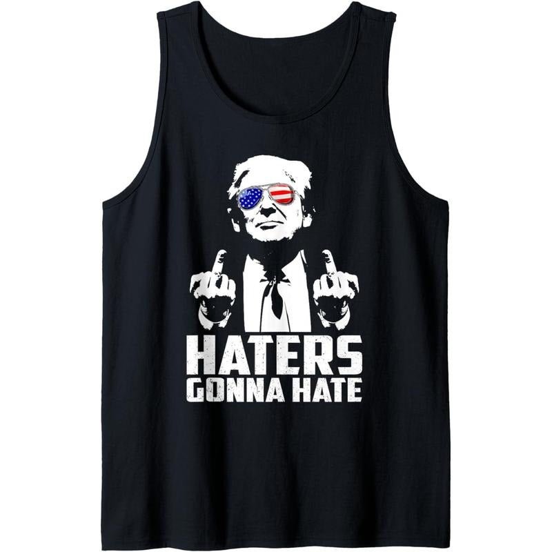 Funny Haters Gonna Hate President Donald Trump Middle Finger Tank Top MADE IN USA