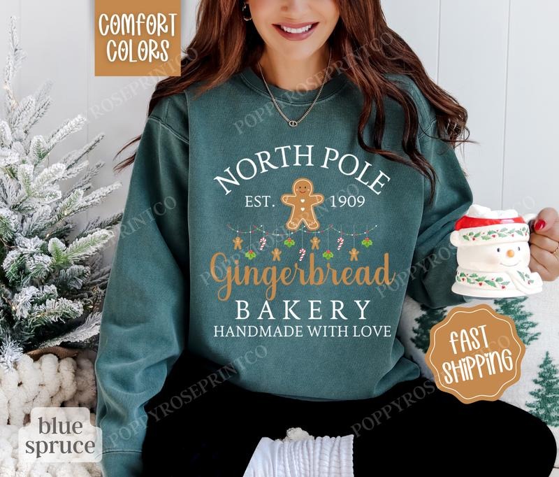 Gingerbread Bakery Sweatshirt Comfort Colors, North Pole Christmas Sweater, Womens Holiday Crewneck
