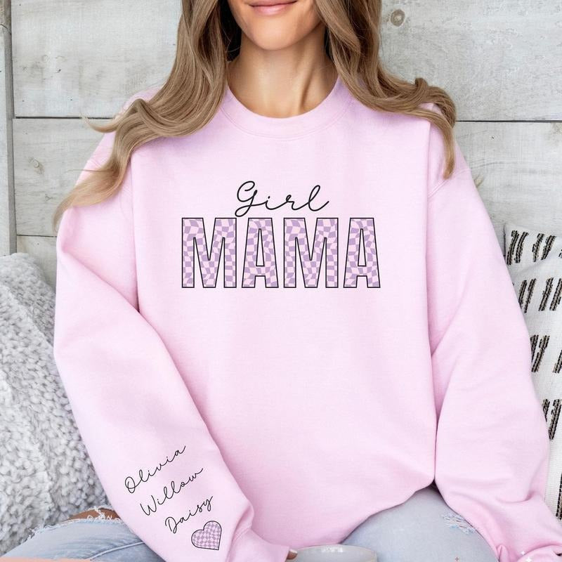 Girl Mama Sweatshirt, Checkered Mama Sweater, Personalized Girl Mom Sweatshirt, Retro Momma Sweater, Girl Mom Hoodie, Mother's Day Shirt For Mom