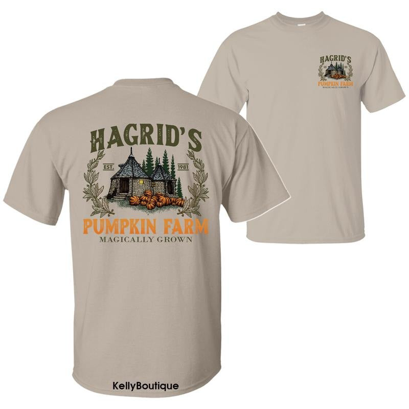 Hagrid's Pumpkin Farm Est. 1962 Magically Grown T-Shirt, Hagrid Home Magical Wizard Pumpkin Shirt, Trendy Halloween Spooky Season 2 Sided Graphic Design Unisex Cotton T-shirt for Women for Men Womenswear Menswear Top