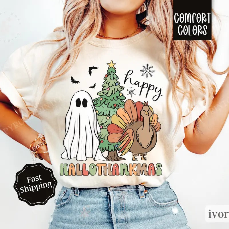 Happy Hallothankmas Shirt Comfort Colors , Halloween Thanksgiving Christmas Shirt, Women's Holiday Teestyle{n002}2