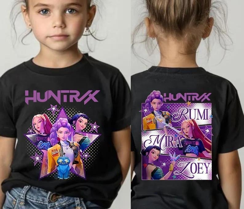 Huntrix Girls Kpop Demon Hunters Two-sided youth Shirt, Anime Comic Style Pullover Featuring Rumi Mira Zoey, Girl Magical Warrior Fan Art