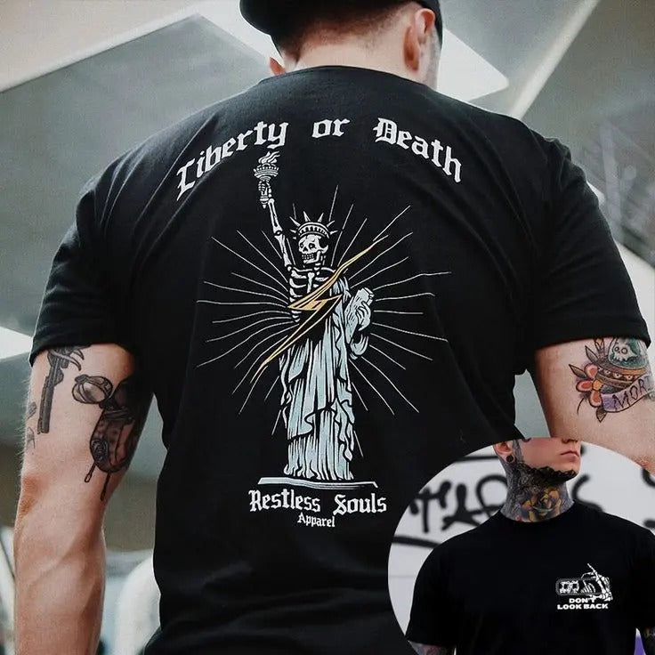 LIBERTY OR DEATH Skeleton Statue of Liberty Print Men's T-shirt, Sweatshirt, Hoodie, Oversized S-5Xl, Unisex Shirt, Today shirt, Retro Unisex, Merch gift, Short Sleeve Graphic, Naughty Clothes Men Cotton Fabric Menswear Classic