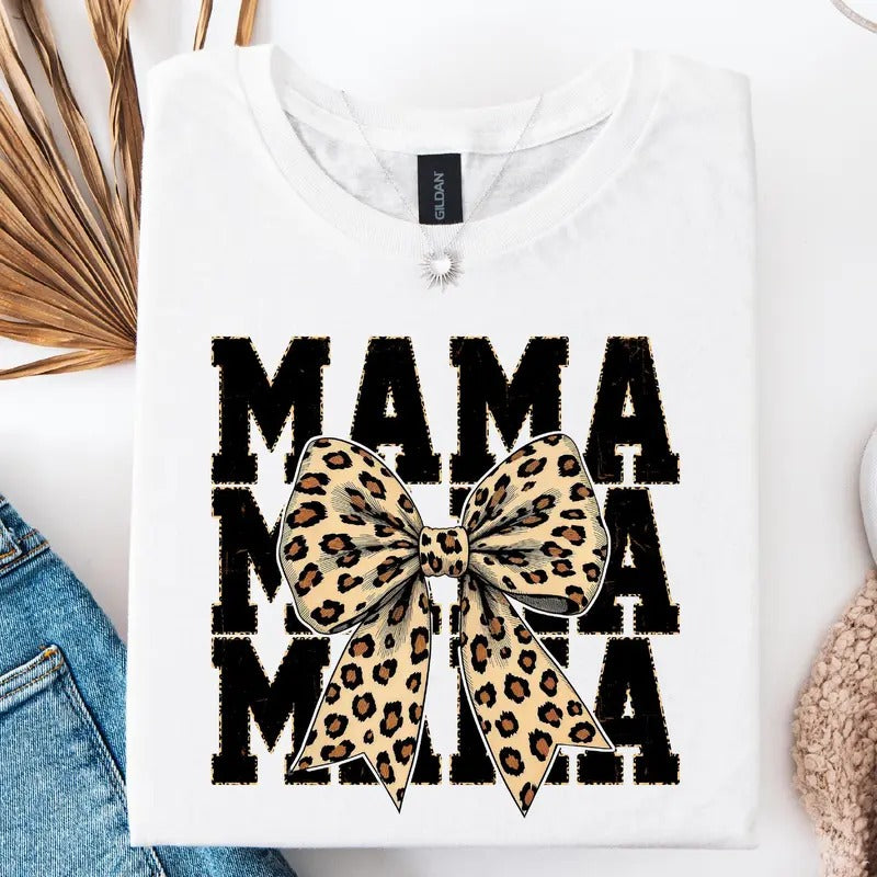 Leopard Print Mama Coquette Shirt , Cheetah Bow Mom Life Shirt , Trendy Mama T-Shirt Wild Mama Animal Shirt