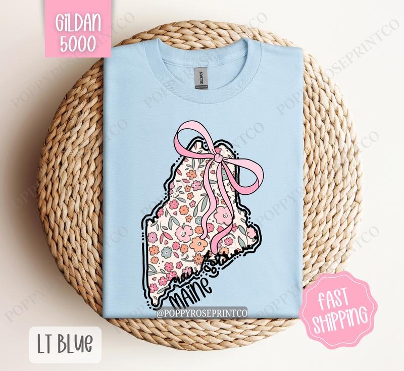 Maine Gildan T-shirt, Cute Maine State Shirt, Maine Floral Bow Tee