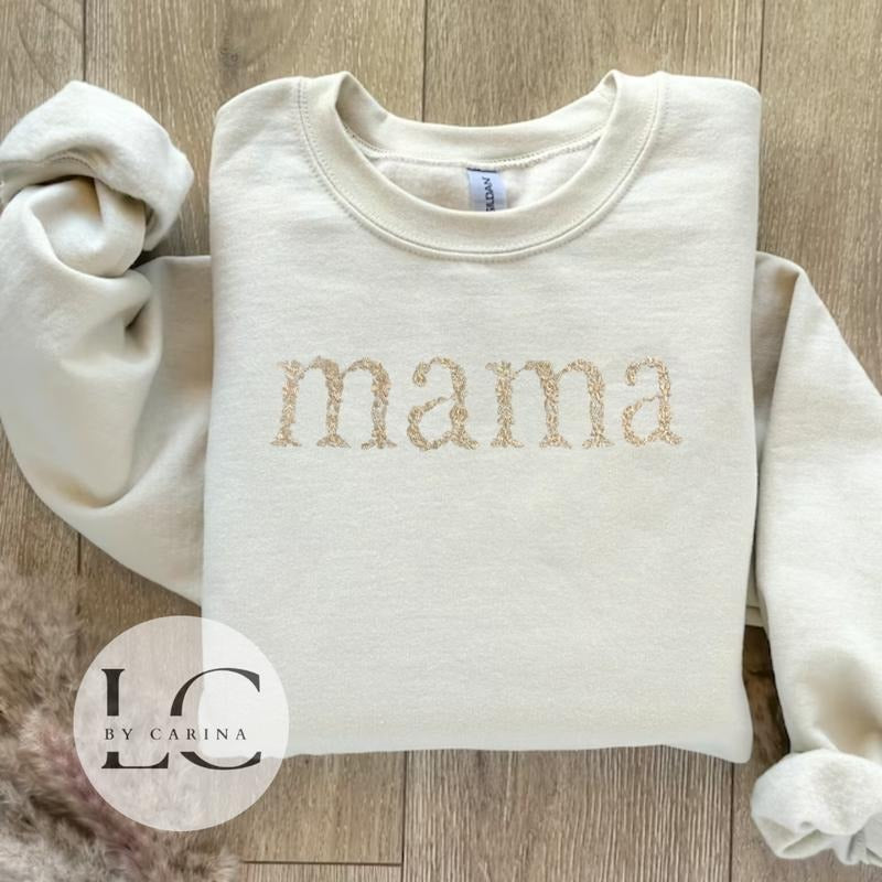 "Mama" Floral Monochromatic Embroidered Sweatshirt - Stylish Mom Apparel - Custom Floral Design - Cozy Motherhood Jumper