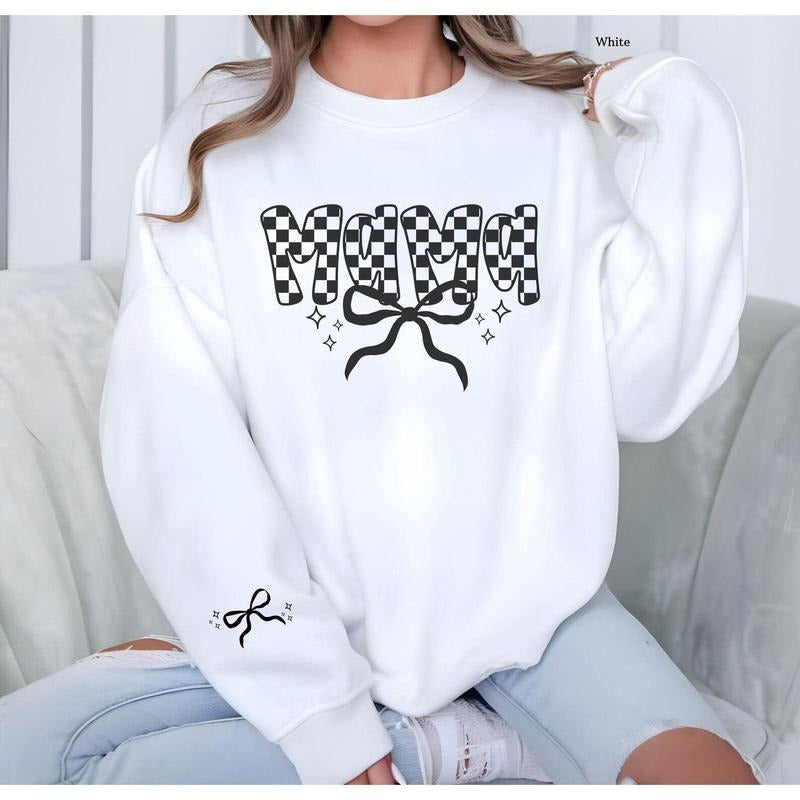 Mama Checkered Sweatshirt Black Bow Coquette Mama Crewneck Sleeve Print Mothers Day Gift Top Cute Cozy Mama Outfit Trendy Mama Sweatshirt