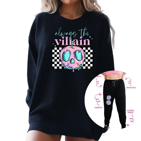 Always the Vill$in Sweatshirt Outfit w/ Matching Sweatpants, Checkered Grpahic & 90s Nostalgia | Grunge Alt Retro Vibes Crewneck Casual Skull Cotton