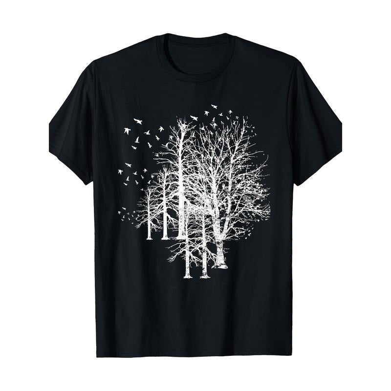 Men'S Basic Cotton T-Shirt with Wildlife Nature Birds & Forest Trees Print - Casual Round Neck Short Sleeve Tee for All Seasons - 100% Cotton, 220g Digital Print Design Made in USA