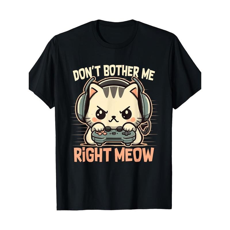 Men'S Casual Cotton T-Shirt with Fun Cat & Gaming Design - 100% Cotton, Short Sleeve, Round Neck, Regular Fit, Digital Print, Geometric Pattern, Knit Fabric- for All Seasons Made in USA