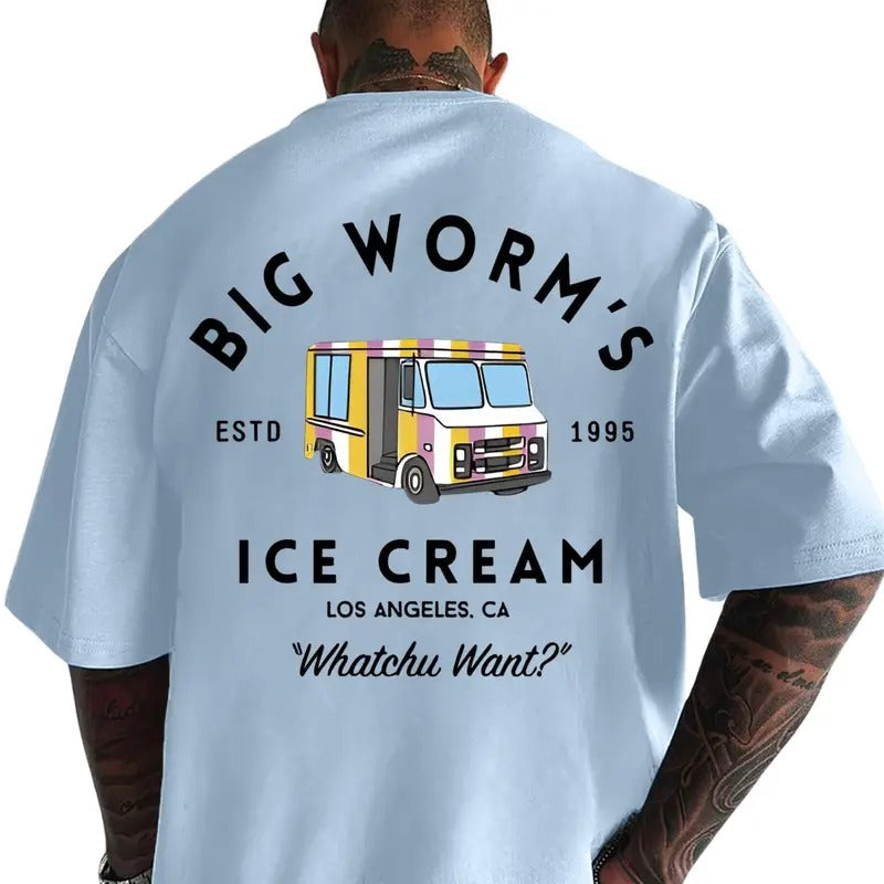 Men's Cartoon Ice Cream Truck & Letter Print Round Neck Tee, Men's Clothes for All Seasons, Loose Street Fashion Casual Short Sleeve T-shirt for Daily Wear, Trending, Gift for Men