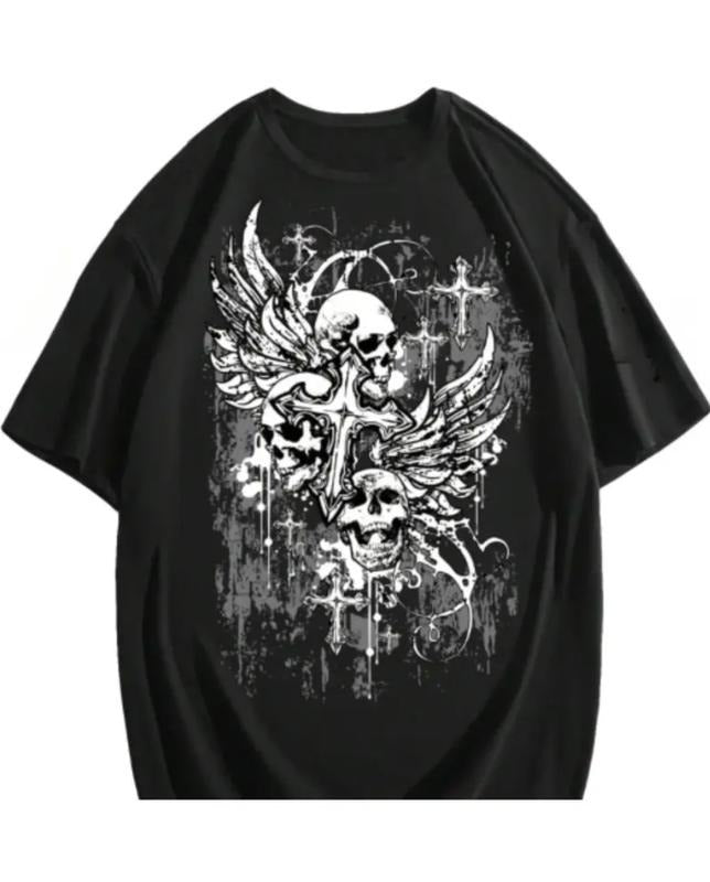 Men's Gothic Graphic Tees Skull Print Drop Shoulder Short Sleeve Y2K Streetwear Tshirt Top
