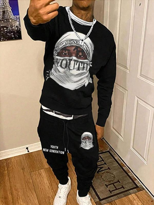 Men's Graphic Sweatshirt & Pants Two-piece Set, Regular Fit Fashion Casual Crew Neck Long Sleeve Pullover & Jogger Pants for Daily Wear, Men's Two-piece Outfits for Fall & Winter