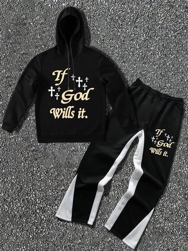 Men's Letter Print Hooded Sweatshirt & Colorblock Drawstring Waist Sweatpants Set, Regular Fit Casual Long Sleeve Hooded Pullover & Flare Leg Pants, Men's Fall & Winter Clothes