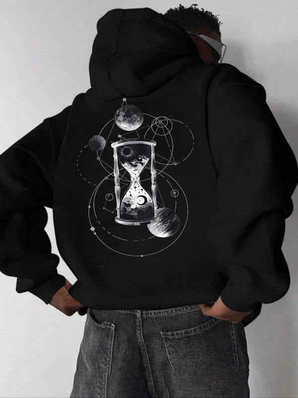Men's Sandglass & Planet Print Drop Shoulder Thermal Lined Hoodie, Fashion Casual Regular Fit Drawstring Pocket Hooded Sweatshirt for Daily Holiday Outdoor Wear, Men Clothes for Fall & Winter
